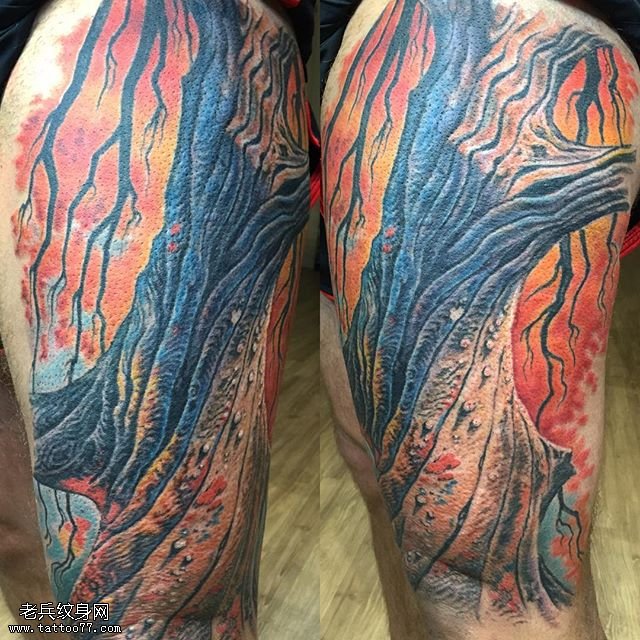 大腿的老树纹身图案