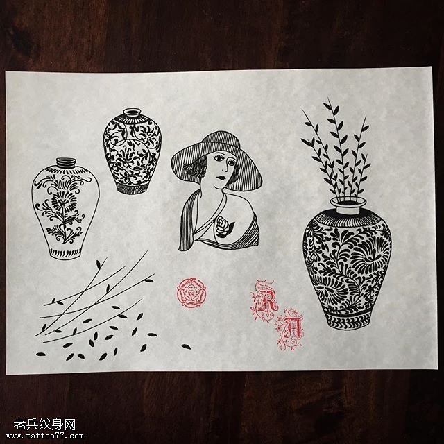手稿美女花瓶纹身图案