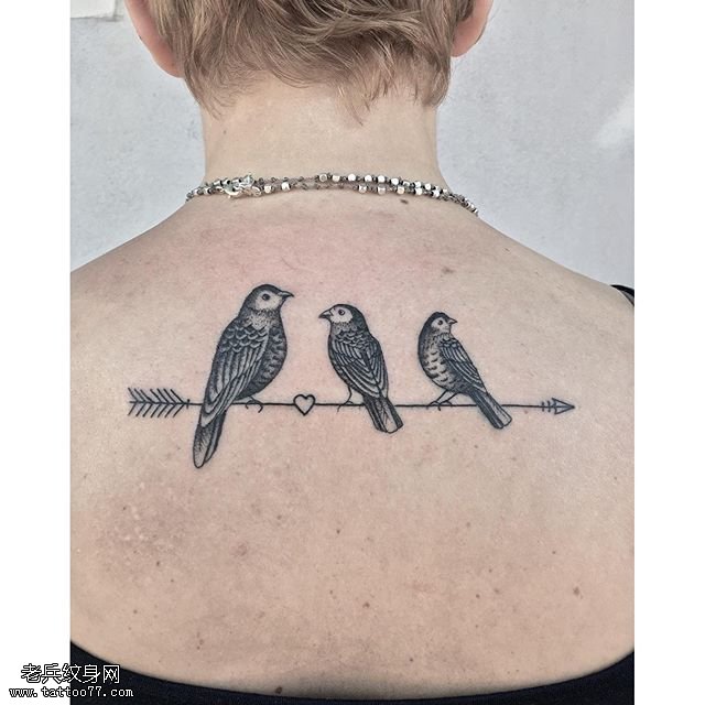背部的三只鸟纹身图案