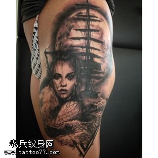 臀部帆船美女纹身图案