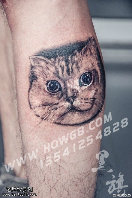 小腿可爱的猫咪纹身图案