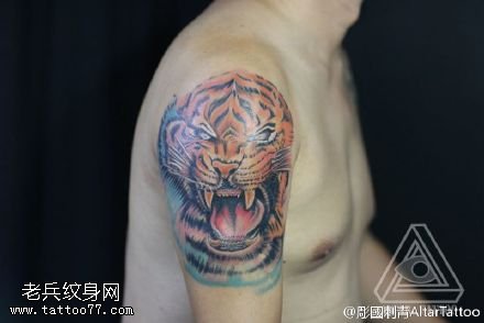 肩膀呲牙的老虎纹身图案