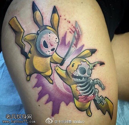 大腿上的比卡丘纹身图案