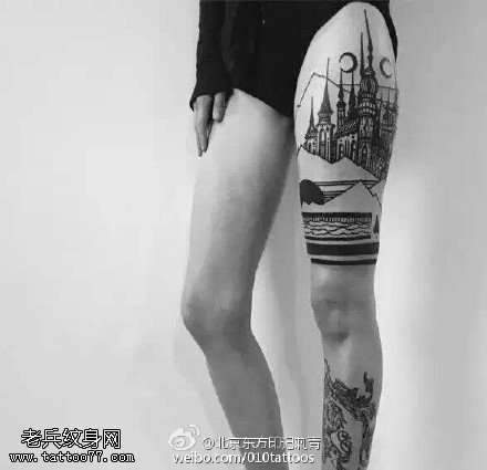 大腿上的城堡纹身图案