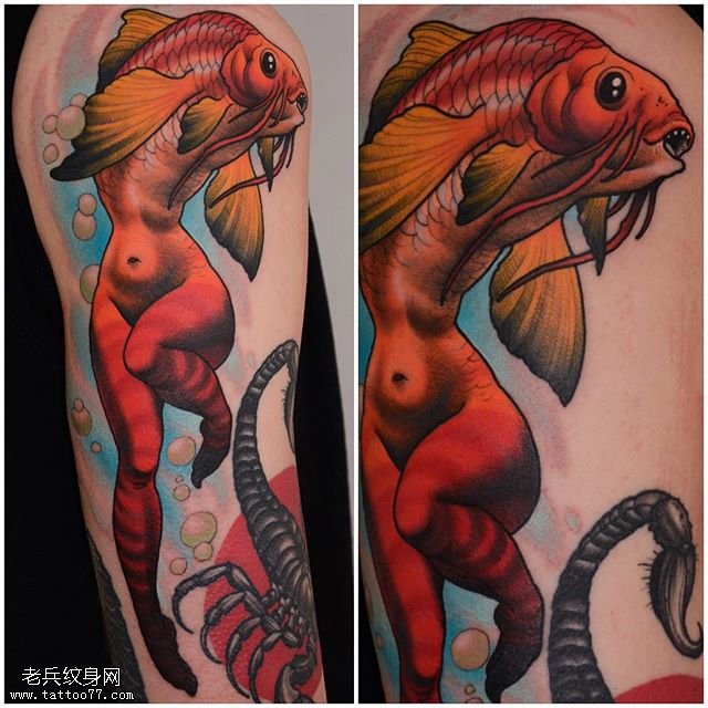 肩部个性美人鱼纹身图案