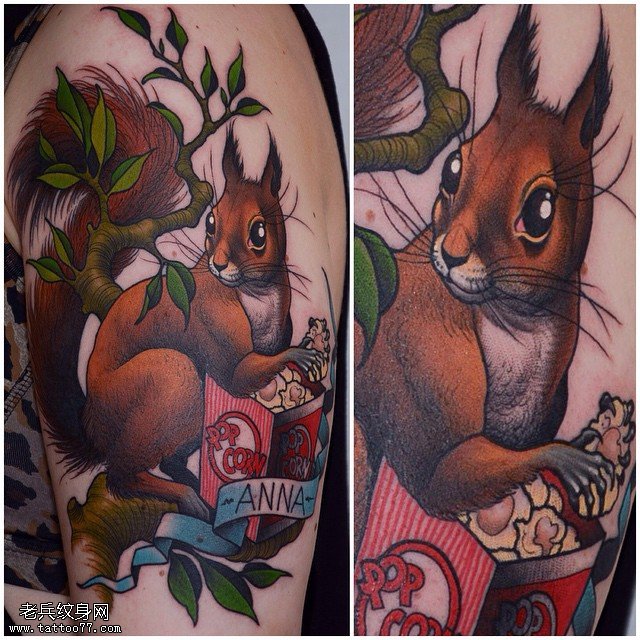 彩绘写实的松鼠纹身图案