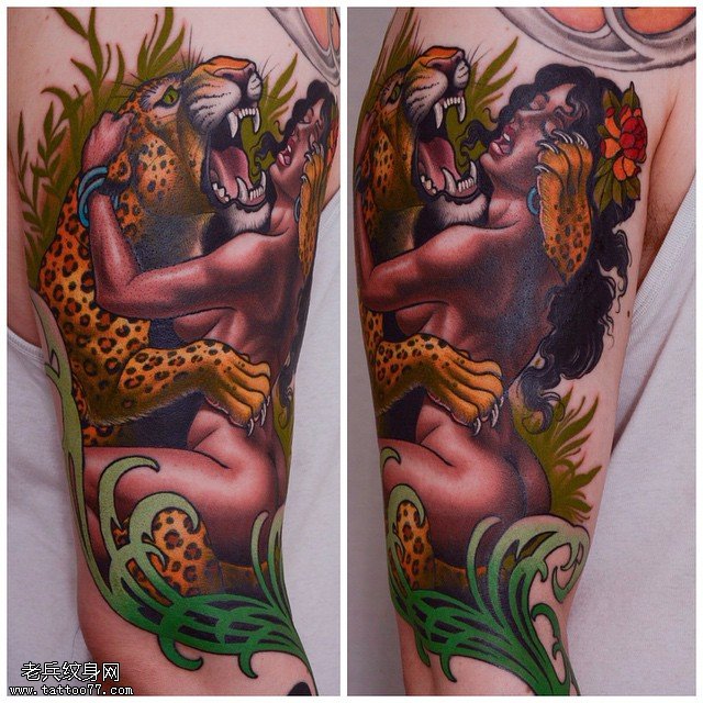 肩部豹子美女纹身图案