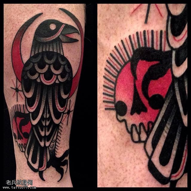 小腿黑灰鹦鹉纹身图案