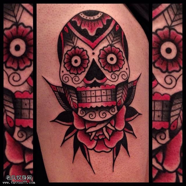 肩部梵花骷髅纹身图案