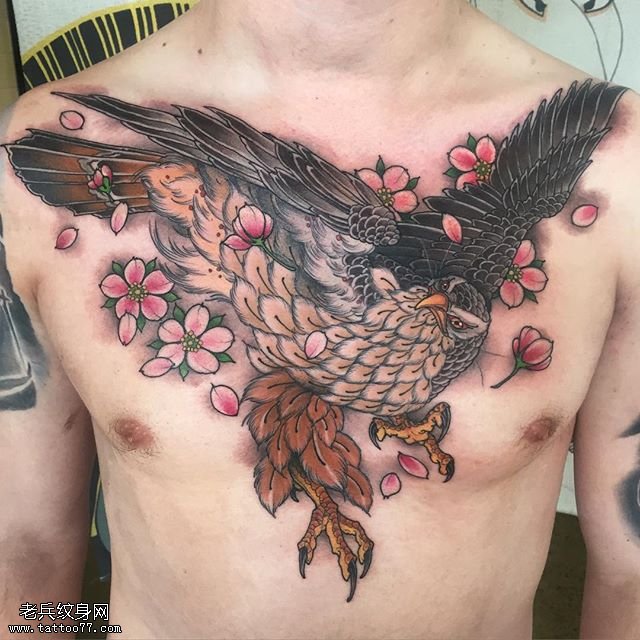 胸部樱花鹰纹身图案