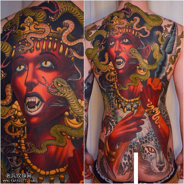 背部蛇发魔女纹身图案