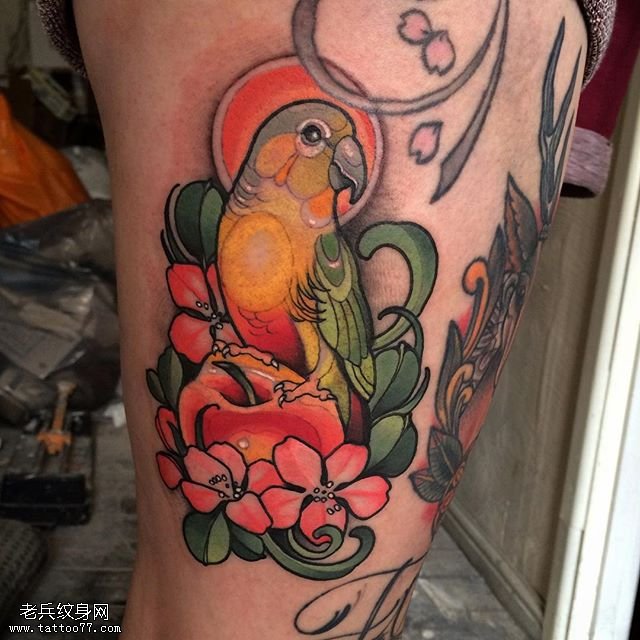 大腿彩绘的鹦鹉纹身图案