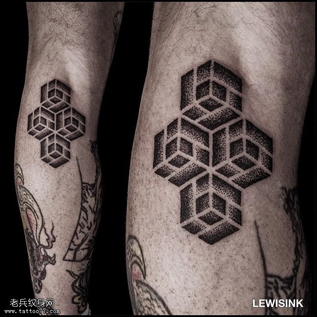 小腿点刺几何图腾纹身图案