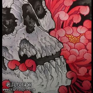 手稿牡丹骷髅纹身图案