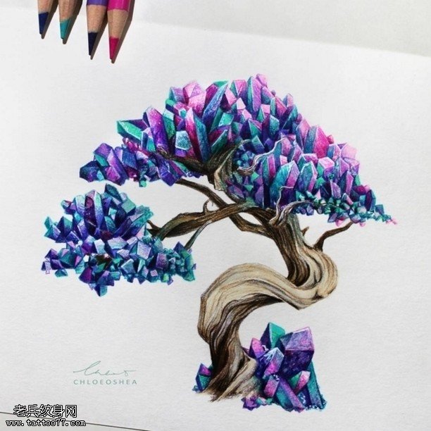 手稿一颗彩石树纹身图案