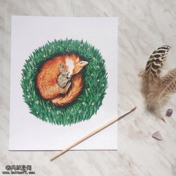 手稿狐狸母子纹身图案