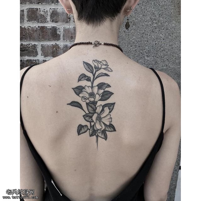 脊梁上的植物纹身图案