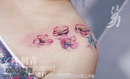肩膀樱花千纸鹤纹身图案