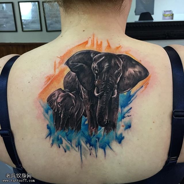 背部水彩大象母子纹身图案