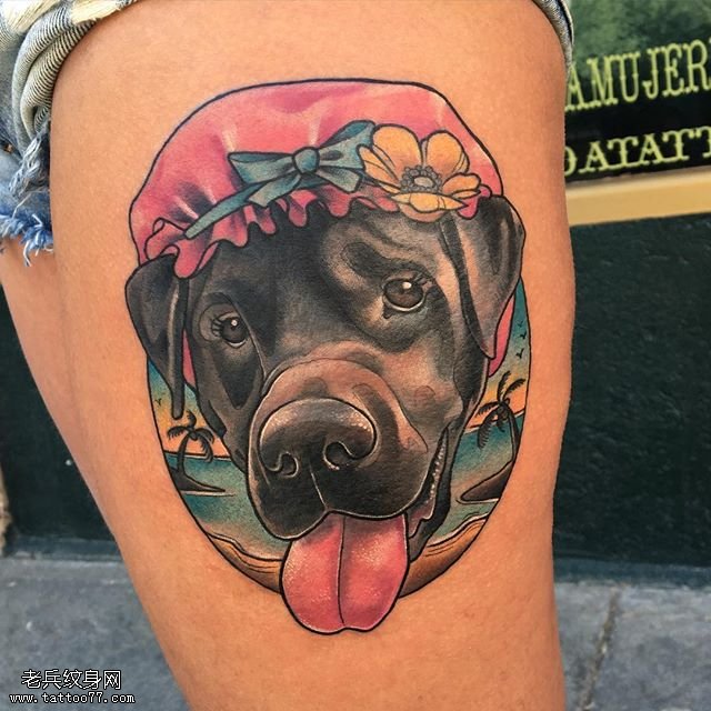 大腿可爱的狗狗纹身图案