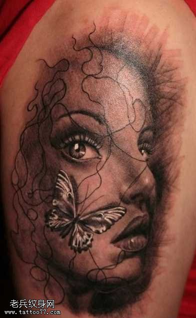 胳膊美女肖像蝴蝶纹身图案