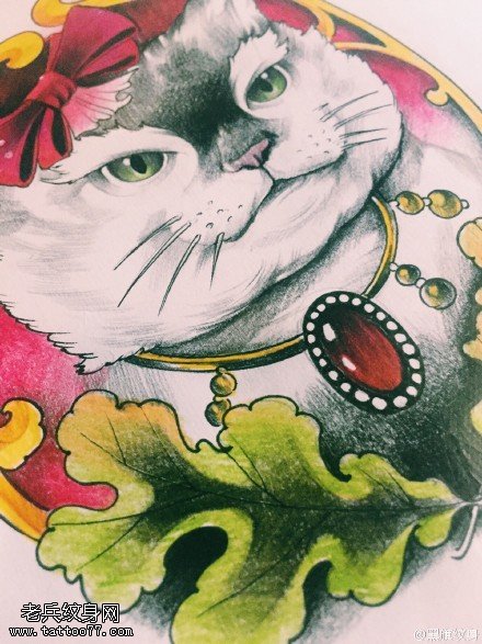手绘发财猫纹身图案