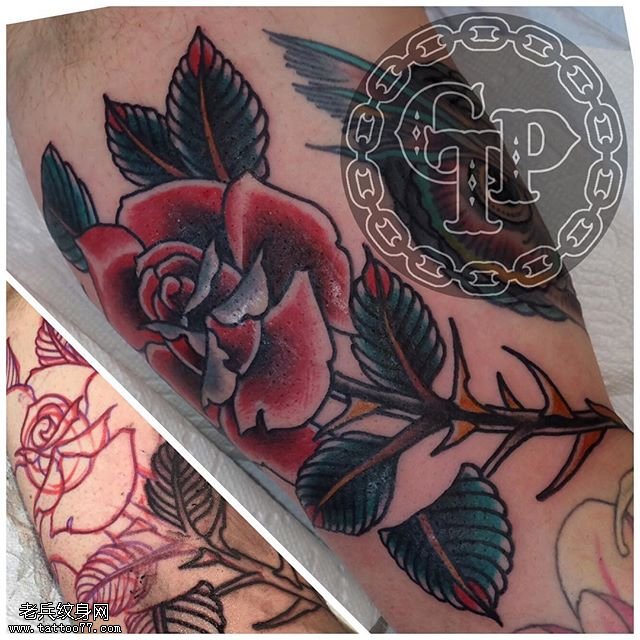 小腿点刺荆棘玫瑰纹身图案