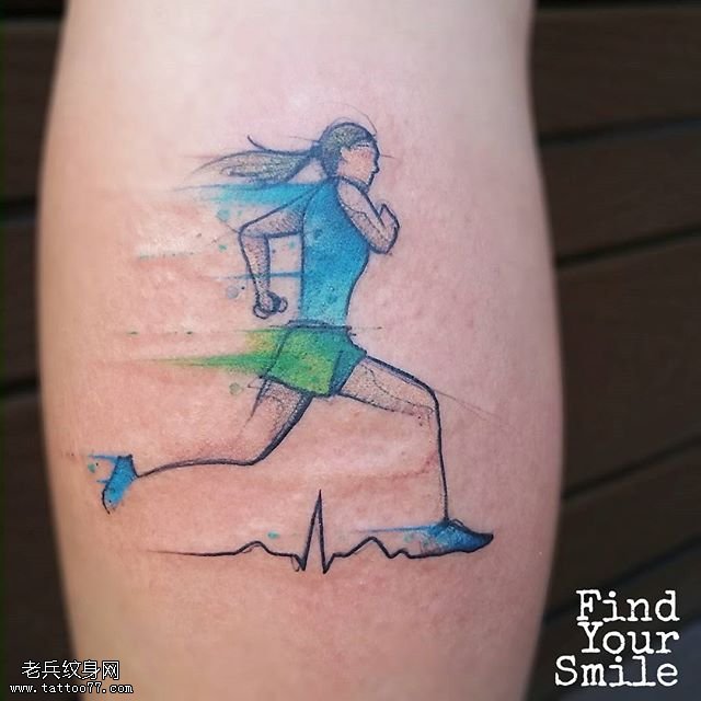 腿部水彩运动女孩纹身图案