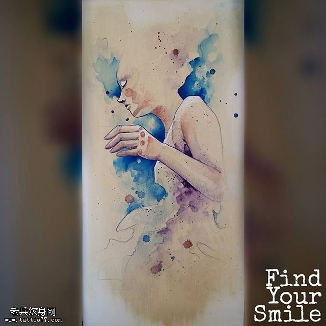 水彩的美女纹身图案