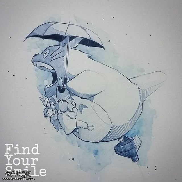 手臂黑灰龙猫纹身图案