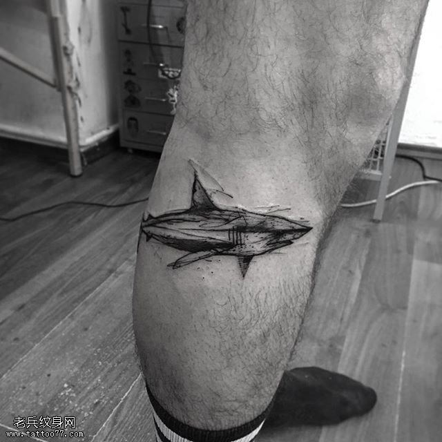 腿部涂鸦鲨鱼纹身图案