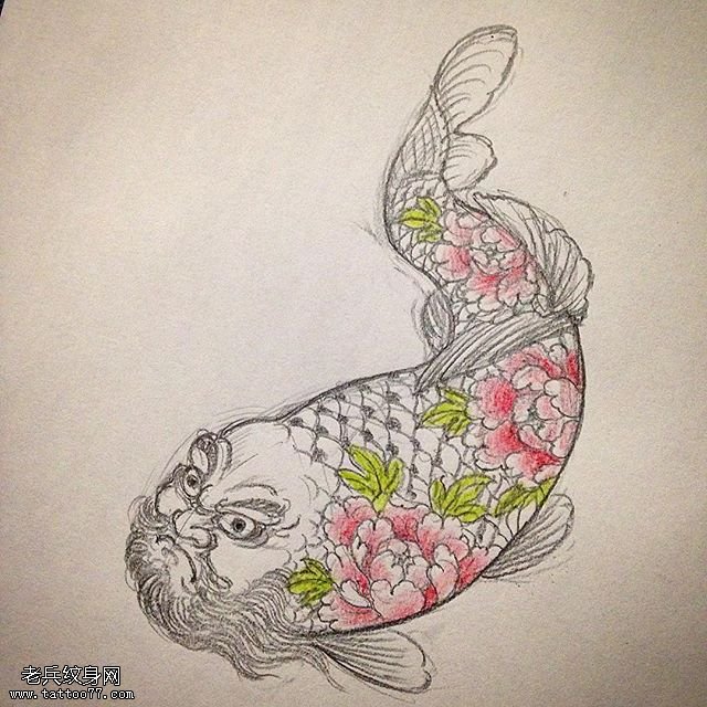 手稿线条的人鱼纹身图案