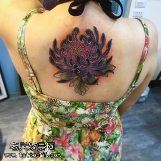 背部的黑菊花纹身图案