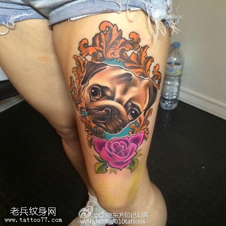 大腿上的小狗狗纹身图案