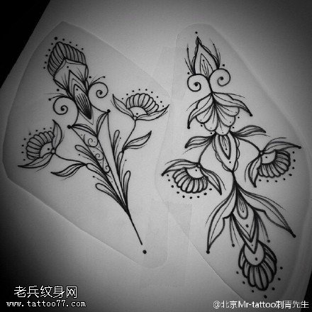 经典手稿花卉纹身图案