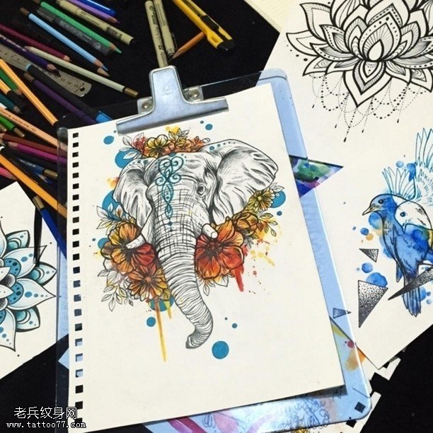 手稿点刺大象纹身图案