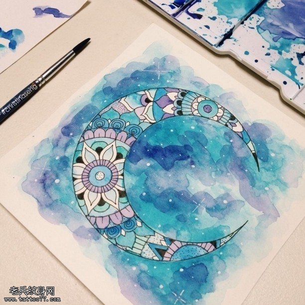 水彩梵花月亮纹身图案