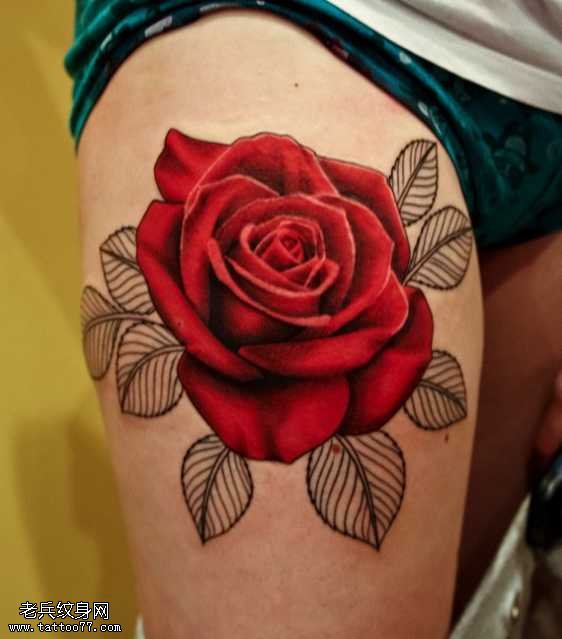 腿部漂亮玫瑰纹身图案