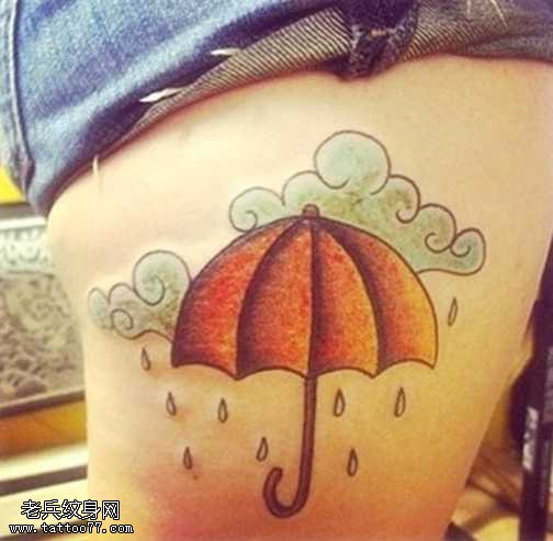 腿部彩色雨伞纹身图案