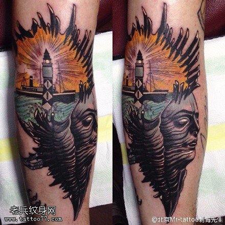 彩绘灯塔恶魔纹身图案