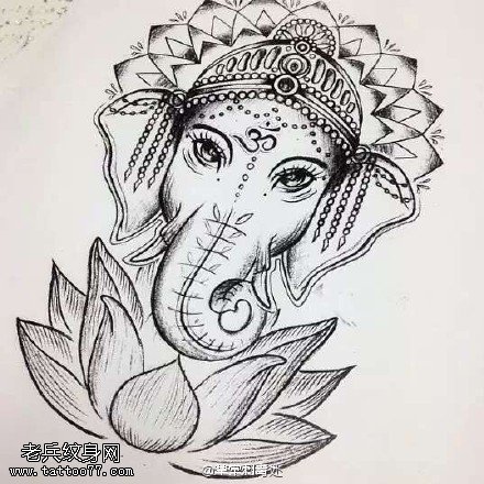手稿象神莲花纹身图案