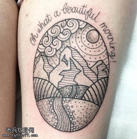 大腿点刺圆形图腾纹身图案