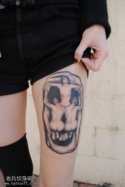 腿部肖像骷髅纹身图案