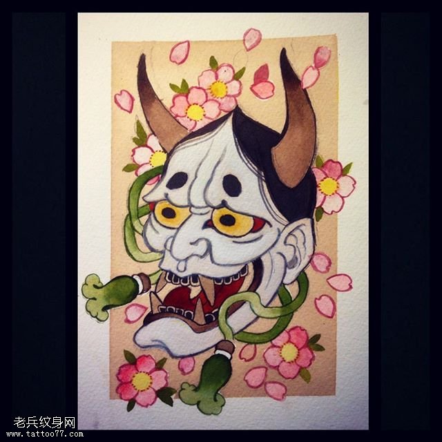 手稿彩绘的樱花般若纹身图案