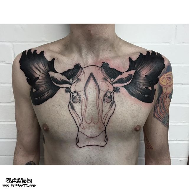 胸口的一头牛纹身图案