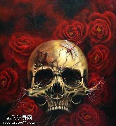 手稿满玫瑰骷髅纹身图案