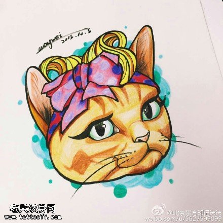 手稿彩绘小猫咪纹身图案