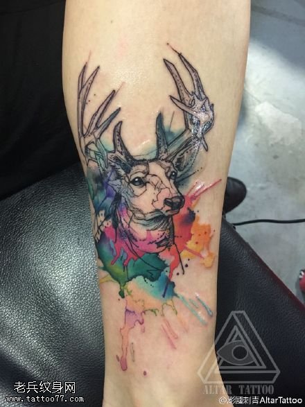脚腕上水彩的羚羊纹身图案