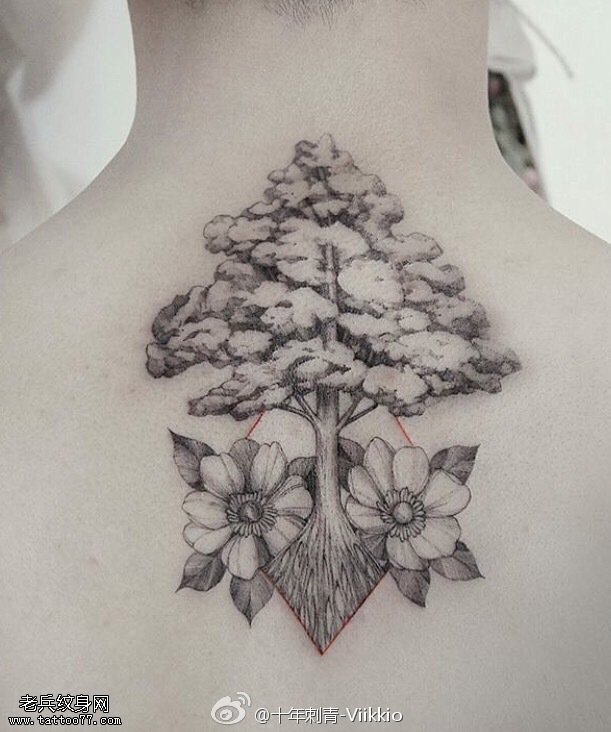 背部写实的松树纹身图案