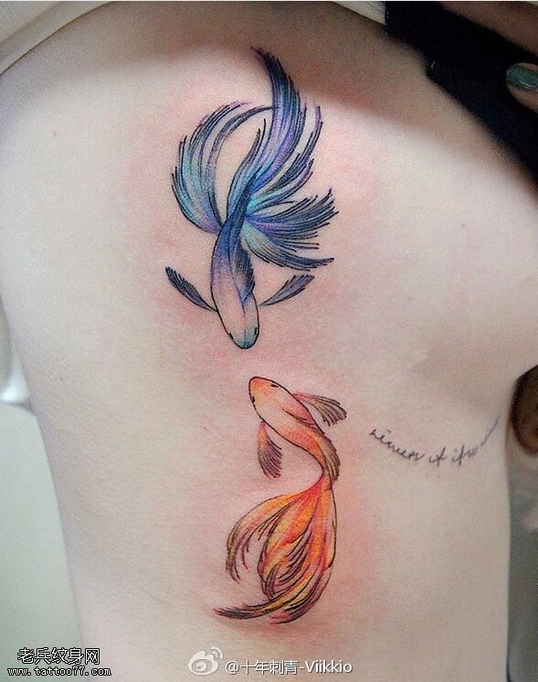 背部写实的两条鱼纹身图案